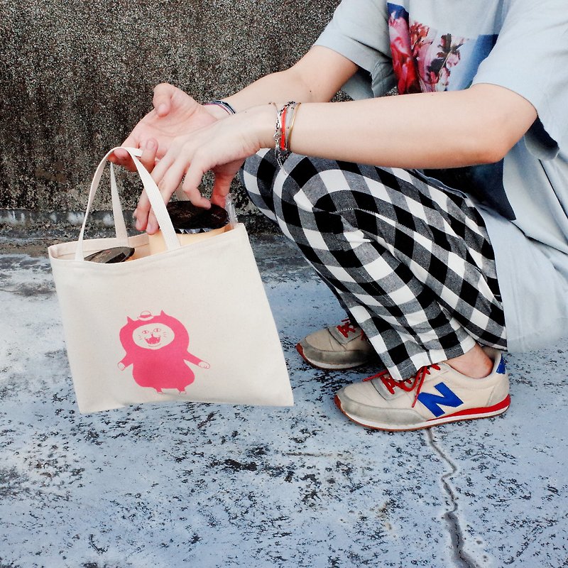 Handmade / Canvas Tote Bag / Eco Bag / Two Cup Drink Bag / Tight Cat / Pink / Clearance Sale - กระเป๋าถือ - ผ้าฝ้าย/ผ้าลินิน สึชมพู