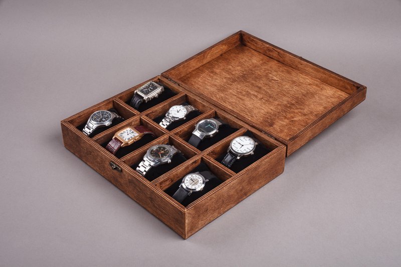 Handcrafted watch glasses box Mens wooden jewelry box Engraved watch storage - นาฬิกาผู้ชาย - ไม้ 