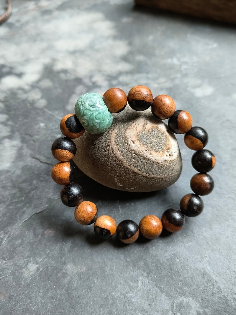 緬甸天然翡翠 仿古雕檀木串珠鍊2481306 - 手鍊/手環 - 寶石 綠色