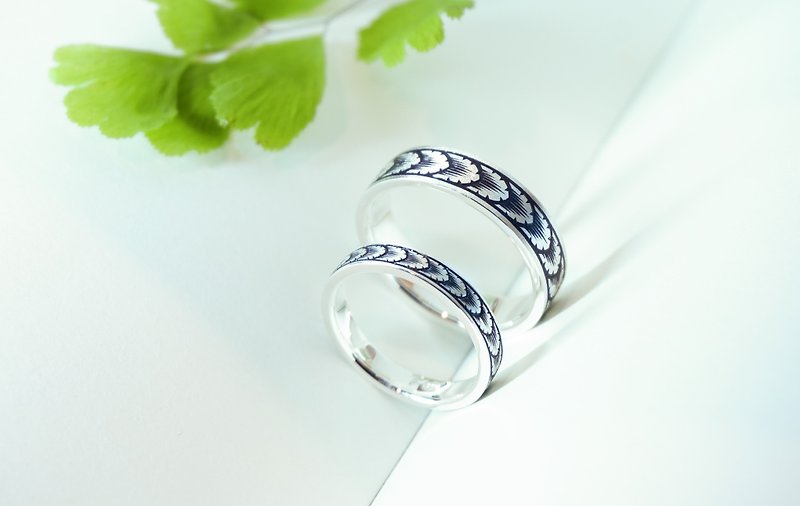 葉 - 顯微雕刻純銀戒指  男戒 - 戒指 - 寶石 白色