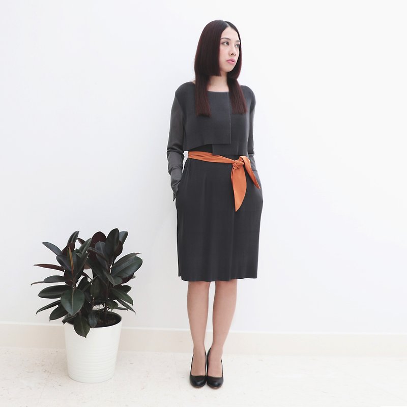 Grey Modern pleated shift dress, see-through bell cuff sleeves, orange tie belt - One Piece Dresses - Paper Gray
