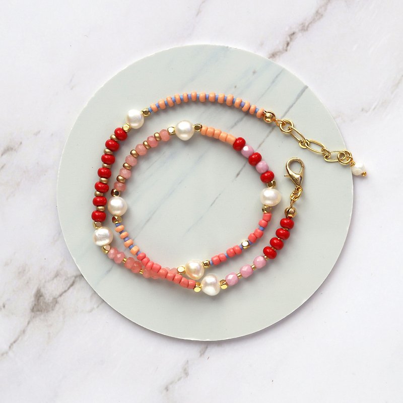 Freshwater Pearl + Beaded Choker / Necklace / Double Bracelet - Red & Pink - Bracelets - 24K Gold Red