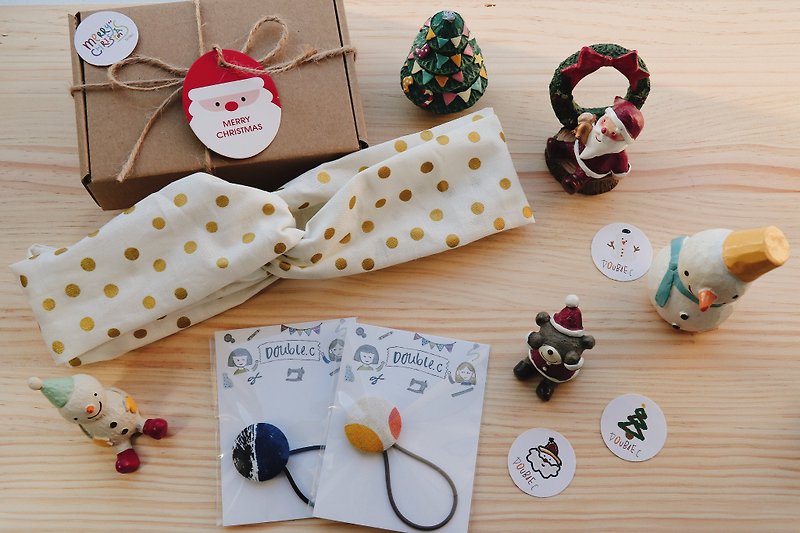 Homemade / Christmas gift box / headband + hair ring - เครื่องประดับผม - ผ้าฝ้าย/ผ้าลินิน สีทอง