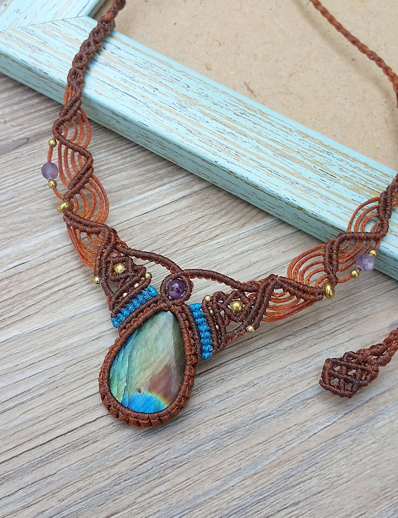N151 Bohemian South American wax thread braided labradorite amethyst necklace choker clavicle chain - สร้อยคอ - วัสดุอื่นๆ สีนำ้ตาล