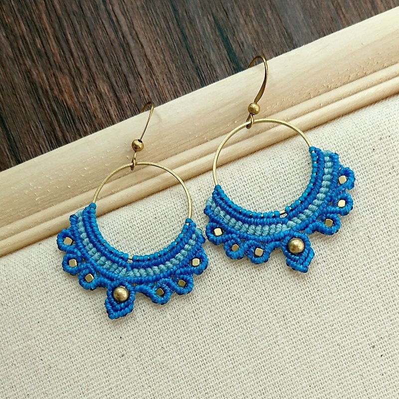 Misssheep - A105 -macrame earrings with brass beads - Earrings & Clip-ons - Other Materials Blue