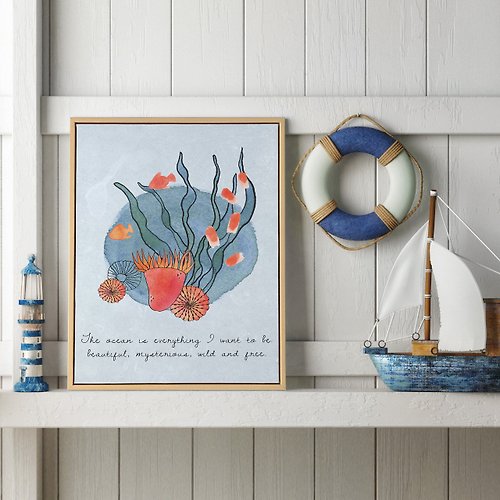 菠蘿選畫所 珊瑚與魚群I - 手繪珊瑚魚掛畫/水彩海洋掛畫/兒童房裝飾/複製畫