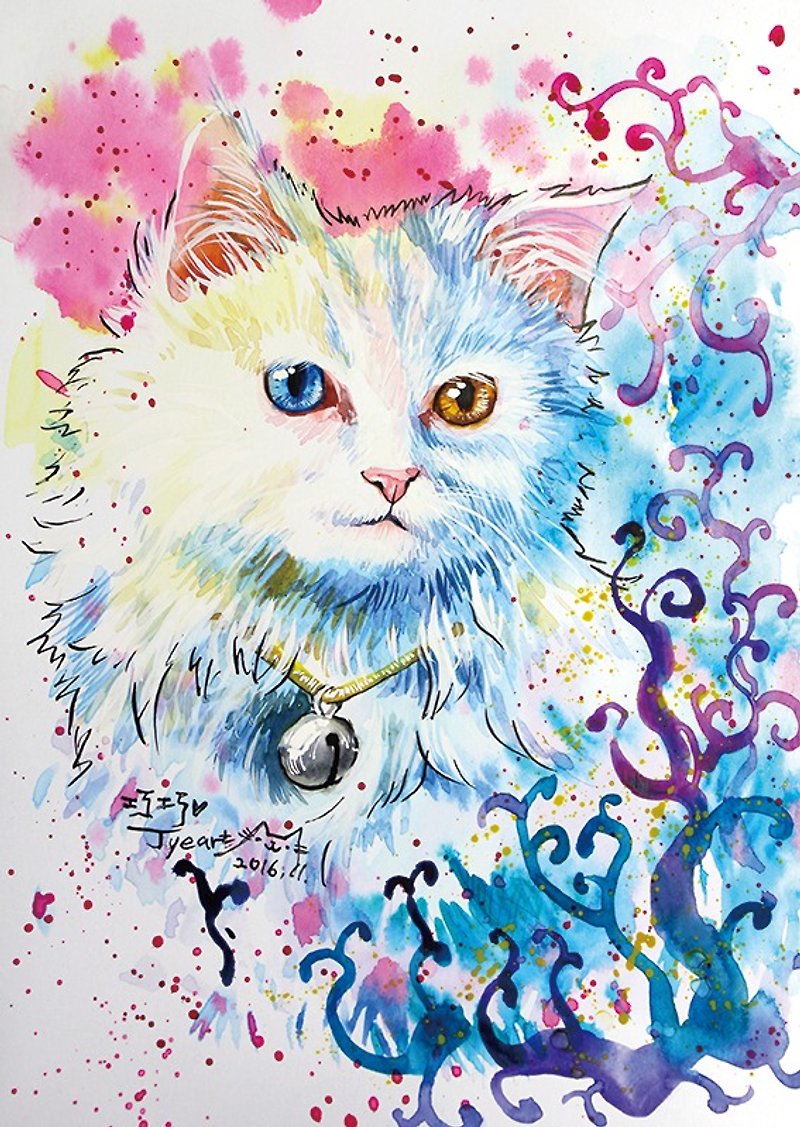 【ニャーはがき】塗られた猫を描く-ホワイト長髪の猫の瞳孔チャオチャオフロップ（後のシングルリージョン） - カード・はがき - 紙 多色