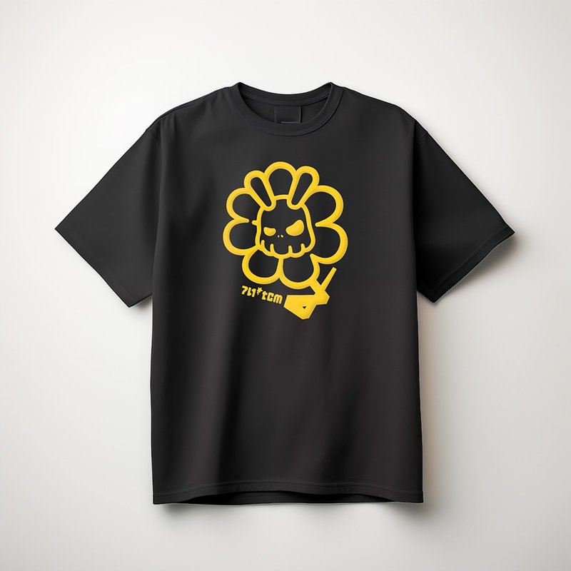 NObody系列 | 無名兔 | 花朵發泡印花 | OVER SIZE - 男 T 恤 - 棉．麻 黑色