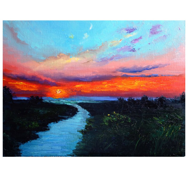 Wildflower Oil Painting Original Art Landscape Artwork Sunset Canvas Art Impasto - 海報/掛畫/掛布 - 顏料 多色