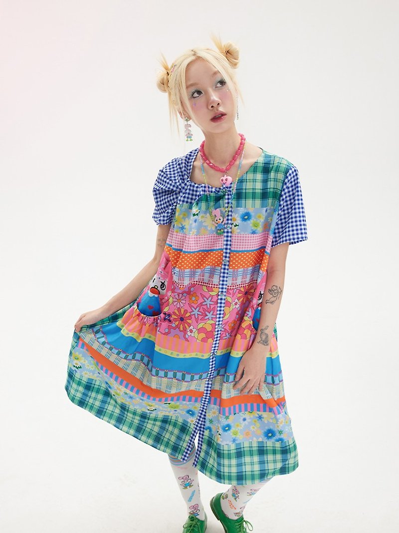 Contrasting color floral plaid hanging ear rabbit mosaic print dress - One Piece Dresses - Other Materials Multicolor