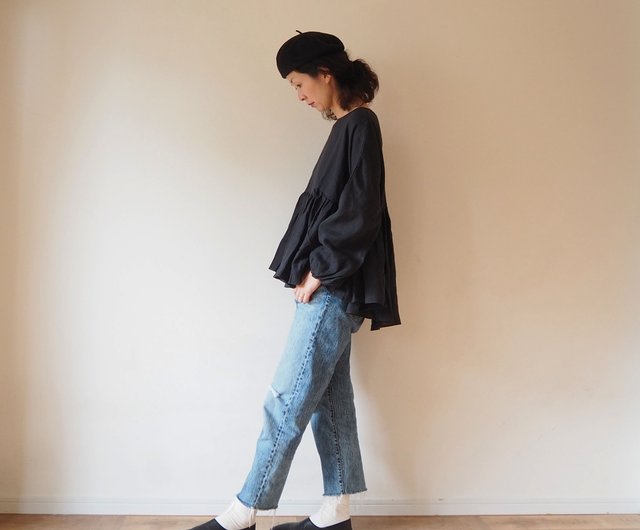 Ramie linen canvas gather blouse(long sleeve) BLACK - 設計館pongee