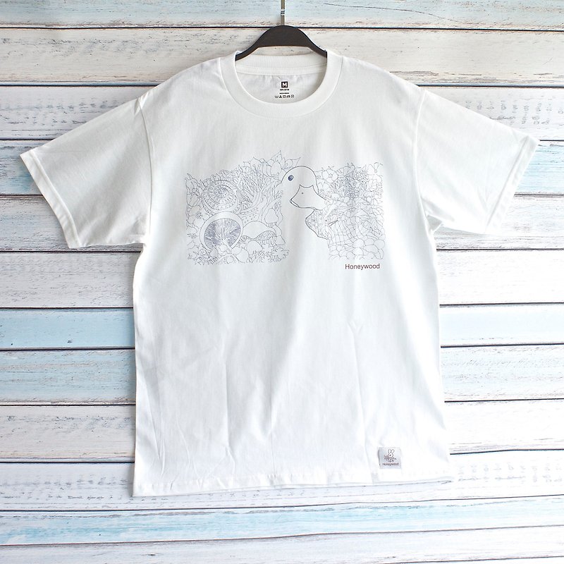 花叢小鴨 白色 短袖T恤 - T 恤 - 棉．麻 白色