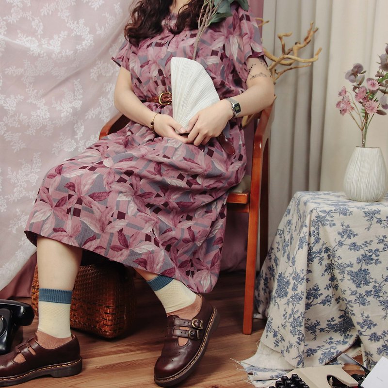 011 vintage dress Peach color floral skirt short-sleeved dress vintage Tsubasa.Y [House] - ชุดเดรส - ไฟเบอร์อื่นๆ สึชมพู