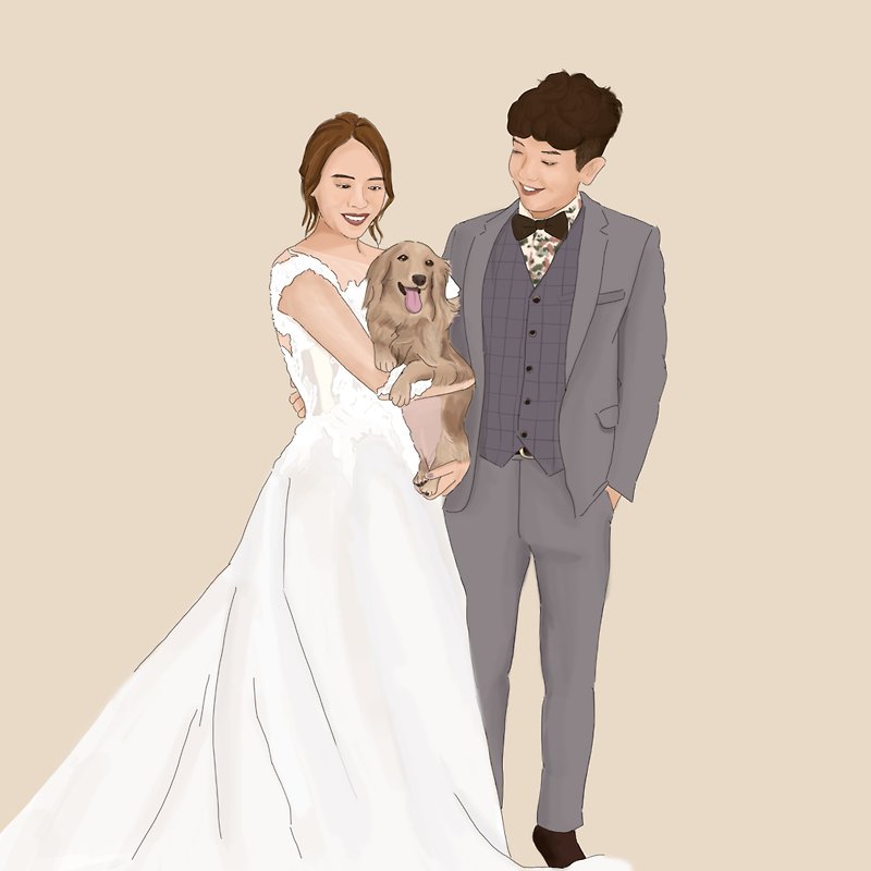 Customized minimalist style-like Yan painted portrait illustration couple family portrait pet wedding dress - Customized Portraits - Other Materials 