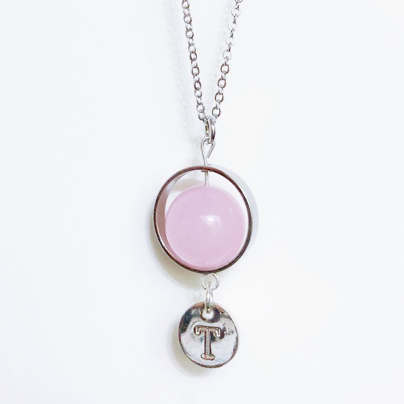 Initial A to Z  Pink Natural Stone Ball Necklace Birthday Gift Bridesmaid - สร้อยคอ - โลหะ สึชมพู