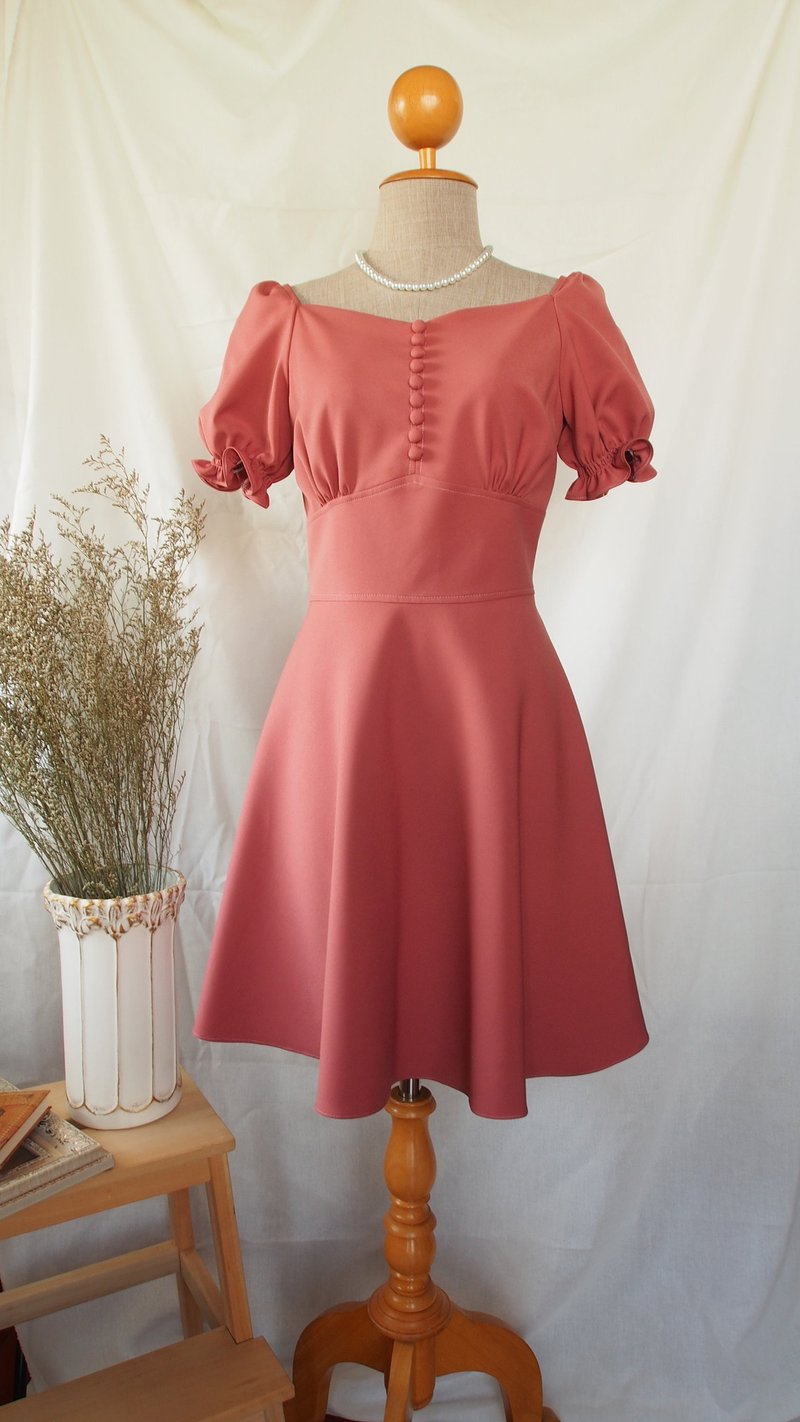 Brownish pink dress puff sleeve vintage retro style sundress cute handmade dress - 洋裝/連身裙 - 聚酯纖維 粉紅色