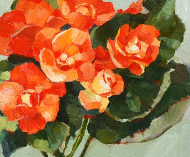 ベゴニア オリジナル油絵 パネル 15x15cm オレンジの花 静物画