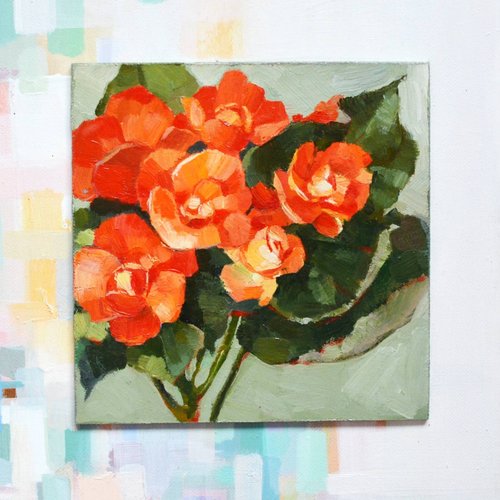 ベゴニア オリジナル油絵 パネル 15x15cm オレンジの花 静物画