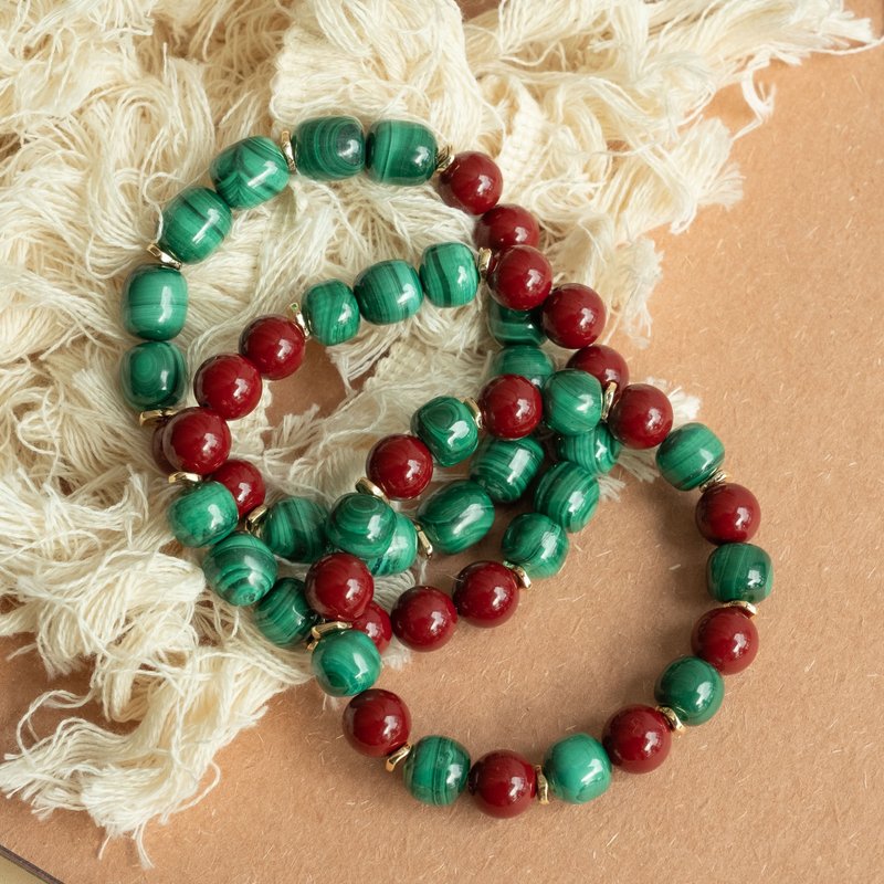 Christmas Party Malachite x Cinnabar genuine gemstones stretch bracelet for her - Bracelets - Crystal Red