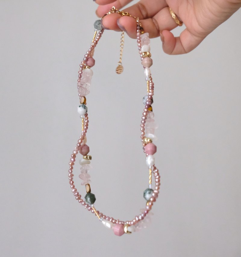 Purple Freshwater Pearl Tree Grain Agate Red Wood Grain Agate Rose Quartz Necklace - Chokers - Crystal Pink