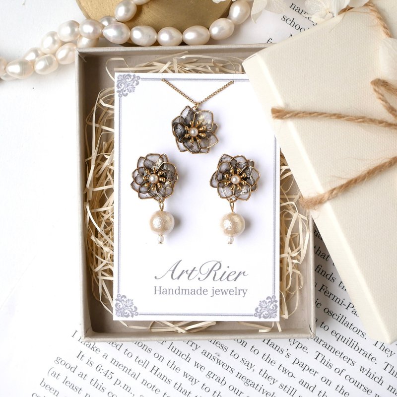 Christmas Rose Sparkle/Handmade Dip Art Accessory Set - Earrings & Clip-ons - Resin Black