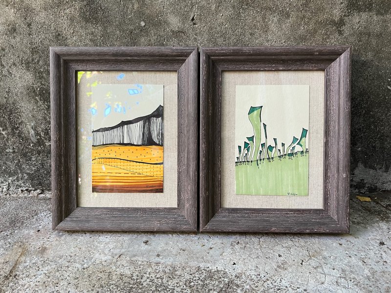Active Volcano and Block Grass / Original Hand-Painted Artwork - กรอบรูป - กระดาษ หลากหลายสี