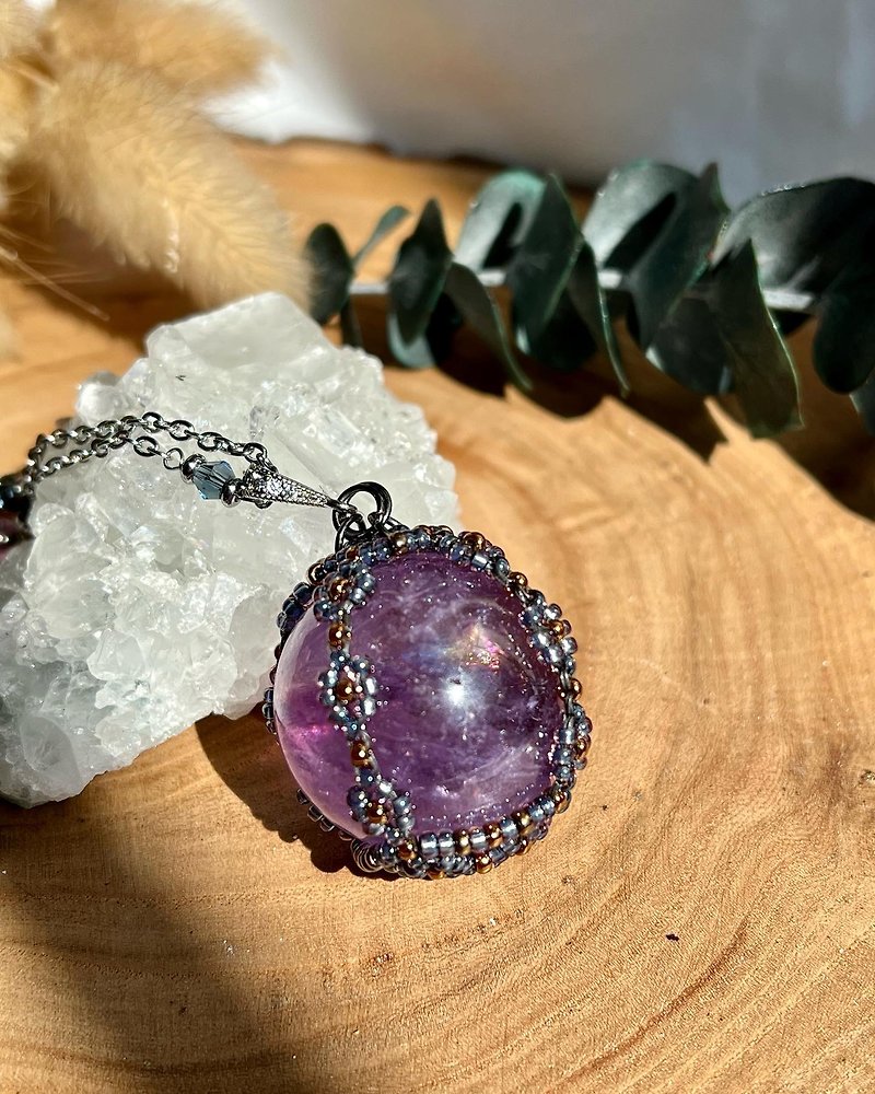 Rainbow Amethyst Ball Turning Beaded Pendant with Gemstone Winding Chain - Necklaces - Crystal Purple