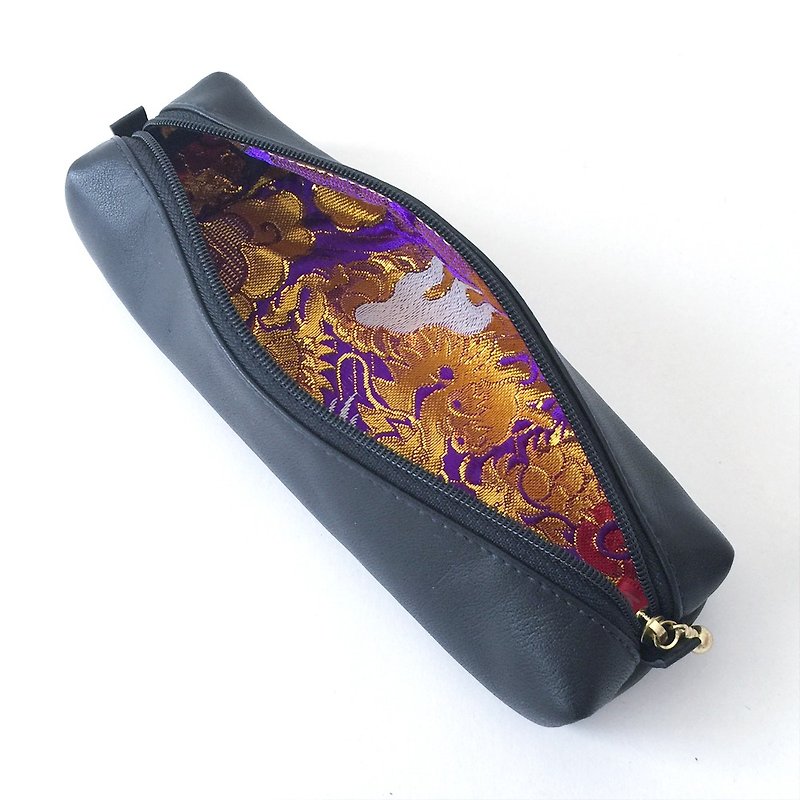 Leather pen case with Japanese Traditional pattern, Kimono "Brocade" - Pencil Cases - Genuine Leather Black