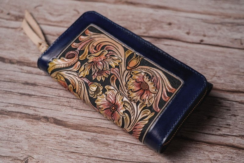 Loup leather art - 手染唐草雕刻植鞣革長夾 - 錢包/皮夾/長短夾 - 真皮 