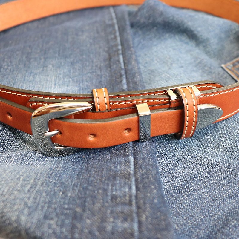 Leather belt two-tiered up to waist 95cm Made in Japan - เข็มขัด - หนังแท้ สีนำ้ตาล