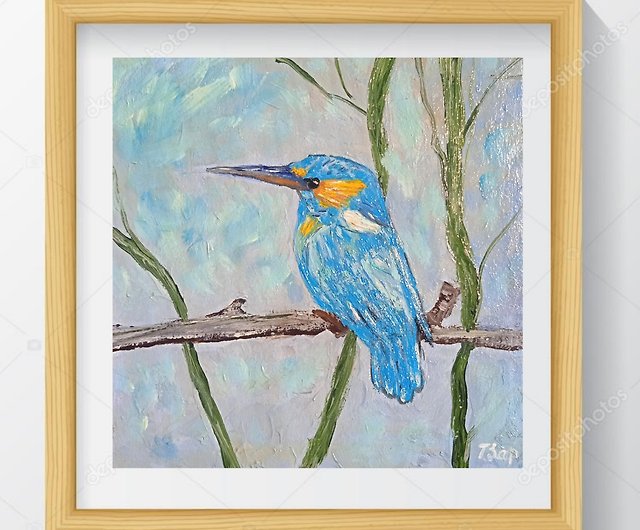 鳥の絵 オリジナル絵画 青い鳥15x15cm鳥アート鳥愛好家のための ...