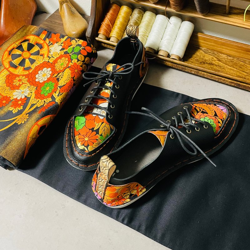 Japan Made 着物帯  ブラック×オレンジ　ローカットスニーカー - 女運動鞋/球鞋 - 真皮 橘色