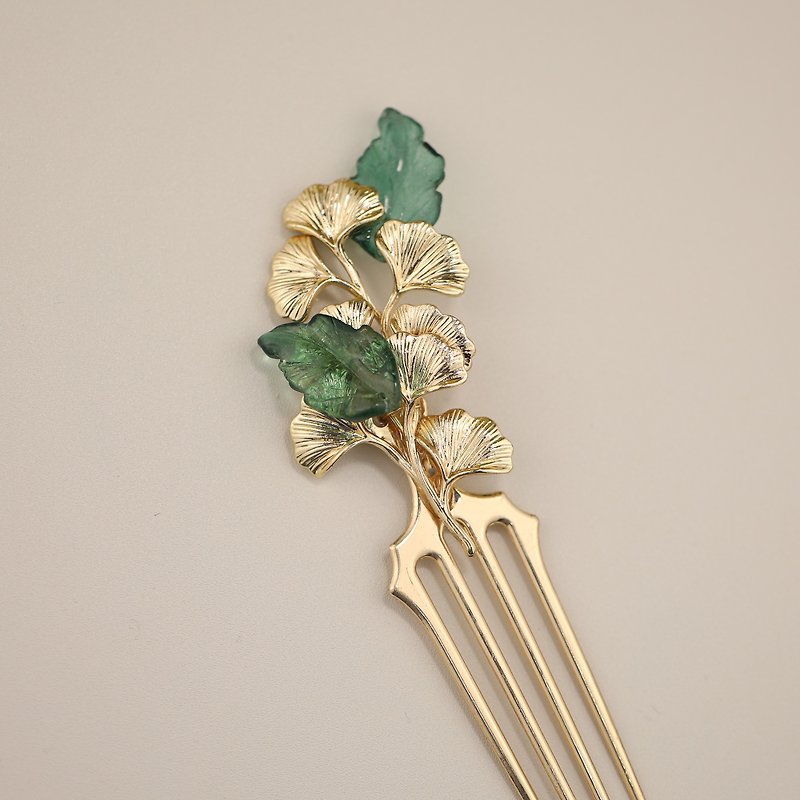 手作りの金色のイチョウの葉の樹脂製ヘアコーム - ヘアアクセサリー - 銅・真鍮 シルバー