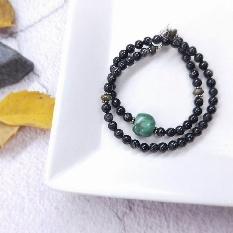 [The only product] old turquoise*black crystal*double bracelet - Bracelets - Gemstone Black