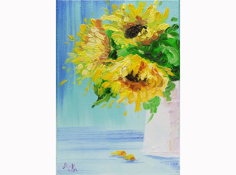 Sunflower in Vase Painting Flower Oil Original Art Van Gogh Oil Painting 12x8'' - โปสเตอร์ - โลหะ สีเหลือง