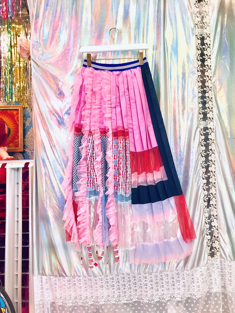 OTT*Girl Revolution ぼうそうぞく Gorgeous Party Dream Pink Peach Water Blue Embroidered Pleated Long Skirt* - Skirts - Other Materials Pink