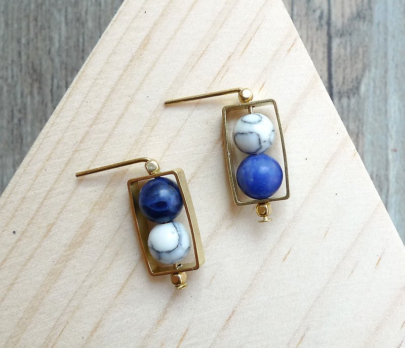 Misssheep- BN27-Blue and White with Rectangular Simple Brass White Turquoise Blue Jade Earrings - Earrings & Clip-ons - Other Metals 