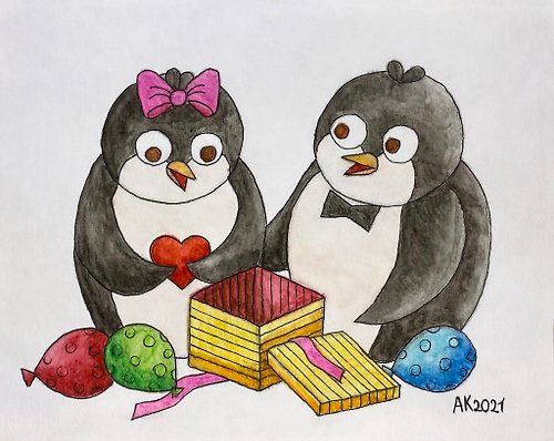 Anastasia Art - 独特的工艺 Penguins Valentines Day watercolor painting, romance love, birds couple, gift