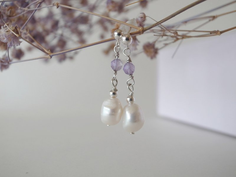 [Earrings] 925 Amethyst Pearl Earrings Clip-on Earrings - ต่างหู - เงินแท้ สีม่วง