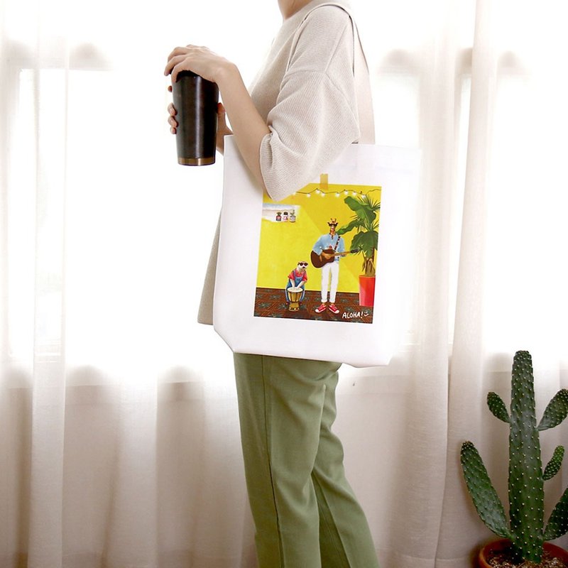 canvas bag shoulder bag tote bag  | Aloha - front and back designs | 34cm * 37cm - Messenger Bags & Sling Bags - Other Materials White