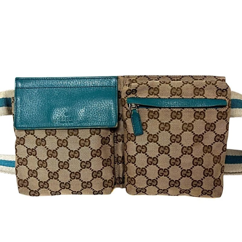 Authentic GUCCI Waist Bag Fanny Pack Pouch GG Canvas Beige Turquoise 28566 Used - Other - Other Materials 