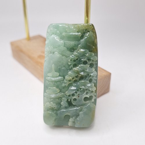 緣圓翡翠 溫潤漸層藍綠色超厚料手工雕刻山水牌吊墜 |天然緬甸玉A貨翡翠