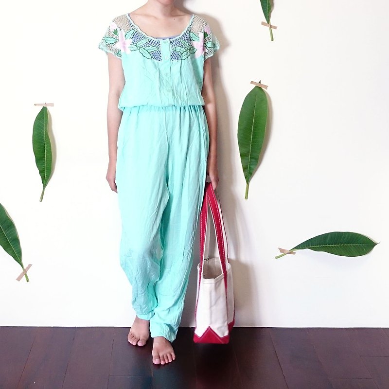 BajuTua / vintage / fresh mint green embroidery basket empty pants coveralls - Overalls & Jumpsuits - Polyester Green