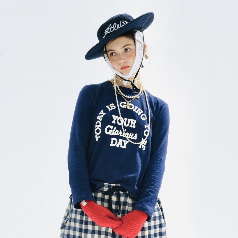 藏藍色字母印花長袖T恤 / 上衣 T-shirt - 女上衣/長袖上衣 - 棉．麻 藍色