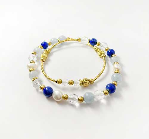 粼粼首飾 LinLin Jewelry 大海公主 雙圈 / 海藍寶 青金石 巴洛克淡水珍珠 白水晶 黃銅