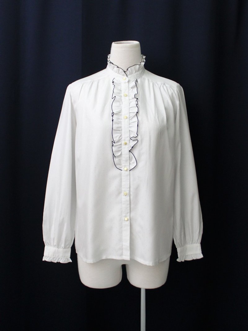 [RE0310T1884] Department of Forestry retro vintage white collar striped shirt - Women's Shirts - Polyester White