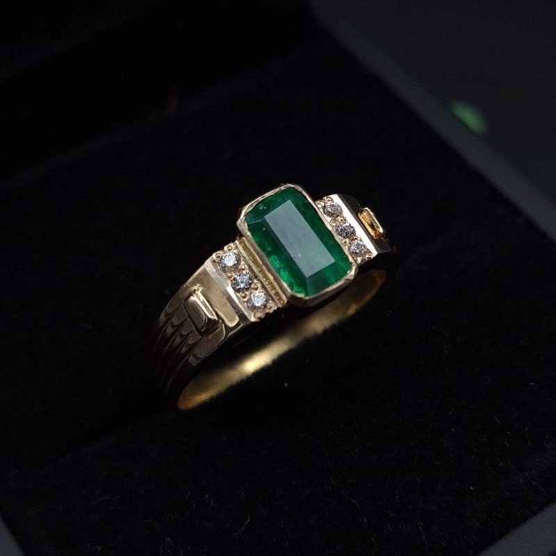 14k Gold Emerald ring for Men and Women Solitaire Unisex Natural emerald stone - 戒指 - 寶石 綠色