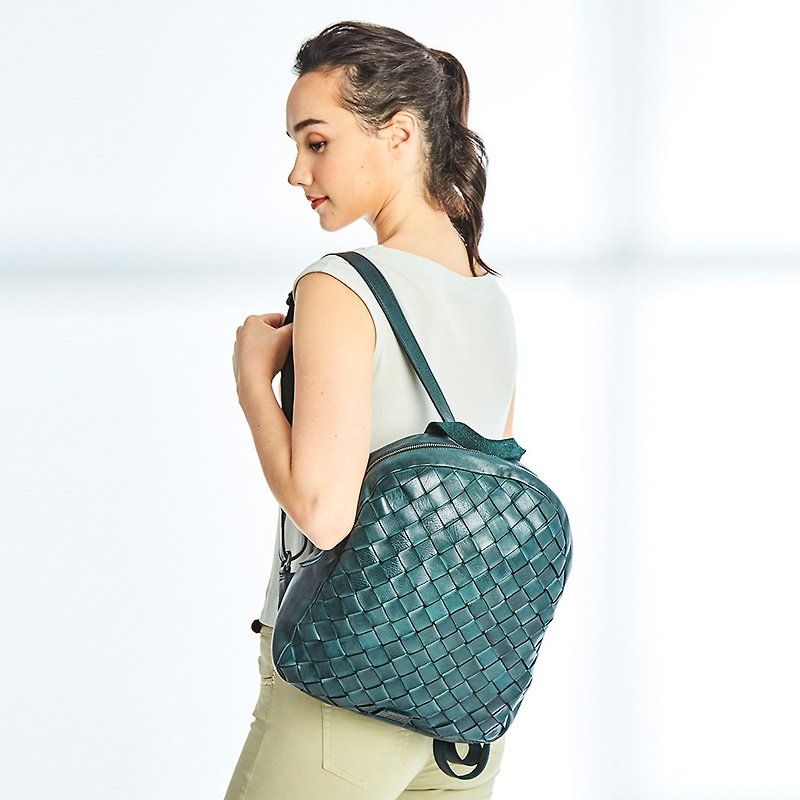 [Spain BIBA] Lewisburg Lei6l cowhide woven backpack | dark green - Backpacks - Genuine Leather Green