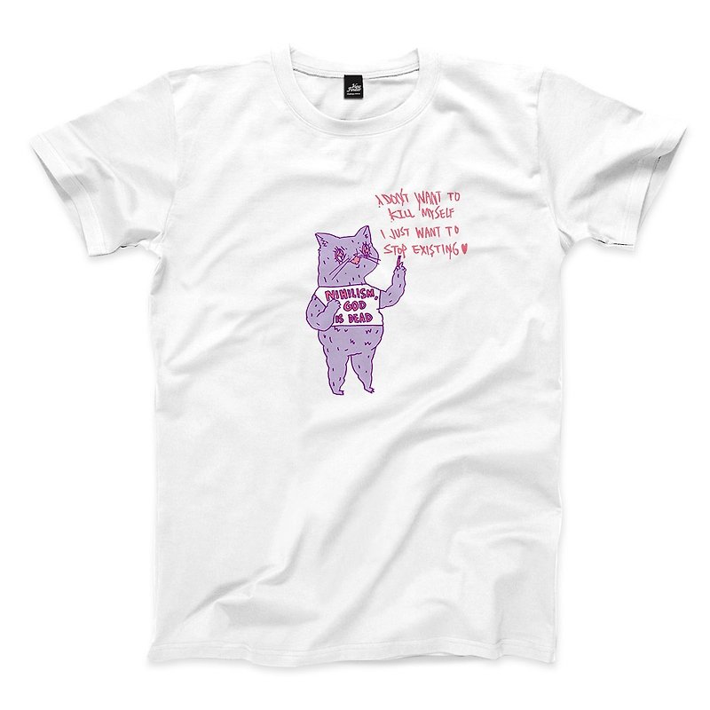 Nihilism Cat-White-Unisex T-shirt - เสื้อยืดผู้ชาย - ผ้าฝ้าย/ผ้าลินิน ขาว