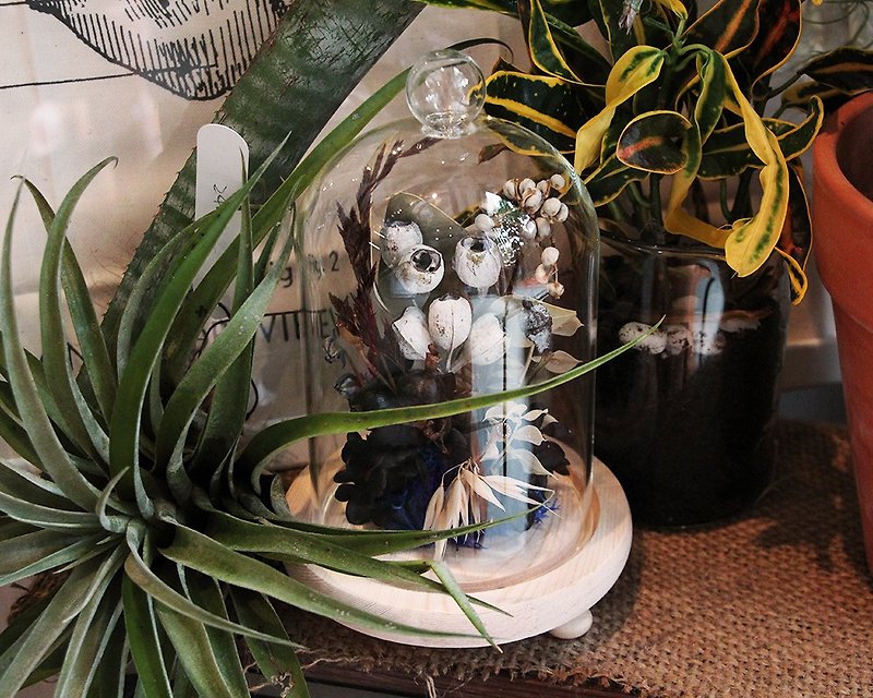 木質灰調 玻璃鐘罩花-黑莓果尤加利果佐黑繡球 - 乾花/永生花 - 植物．花 灰色